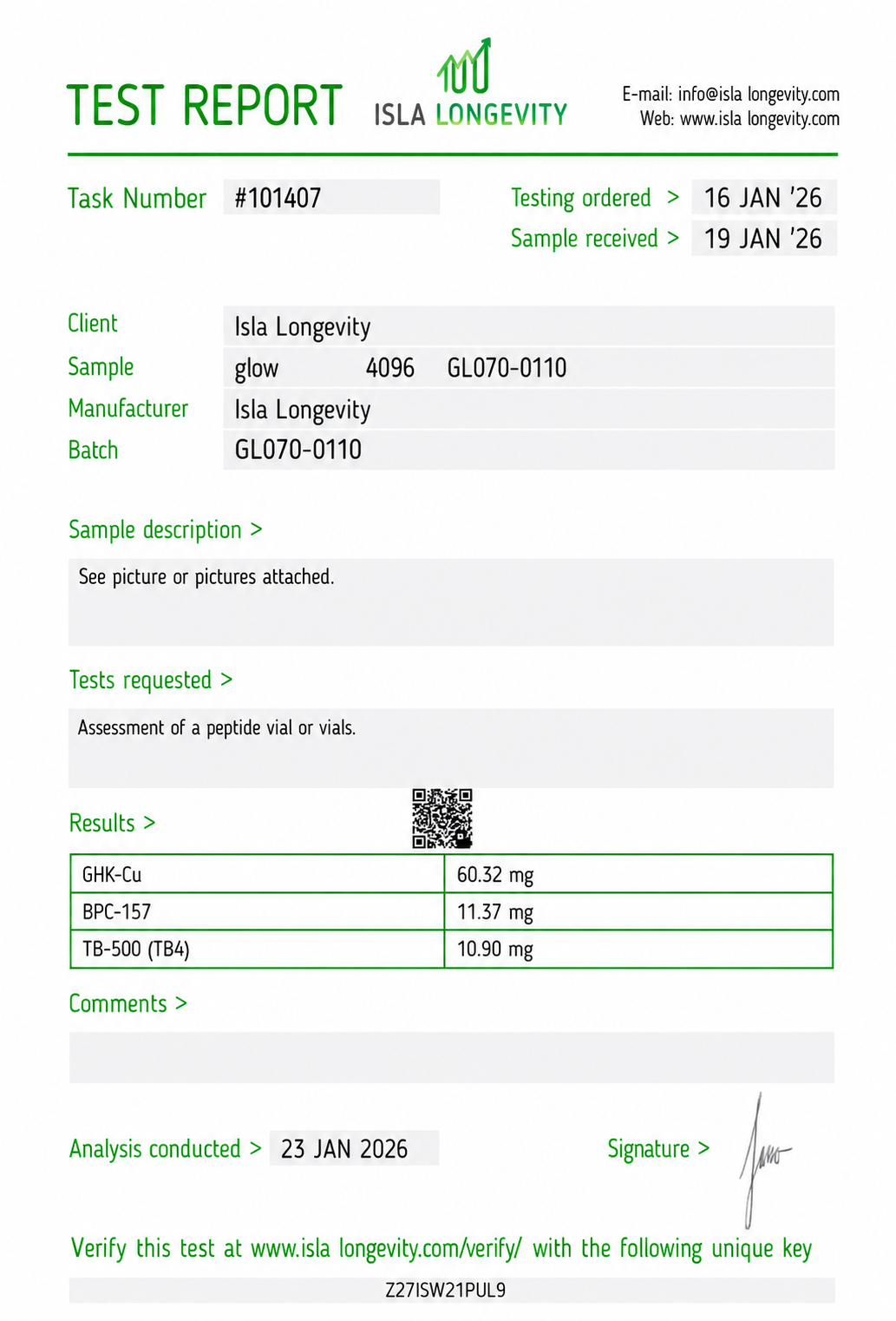 Isla Longevity batch COA 10 — Janoshik Analytical