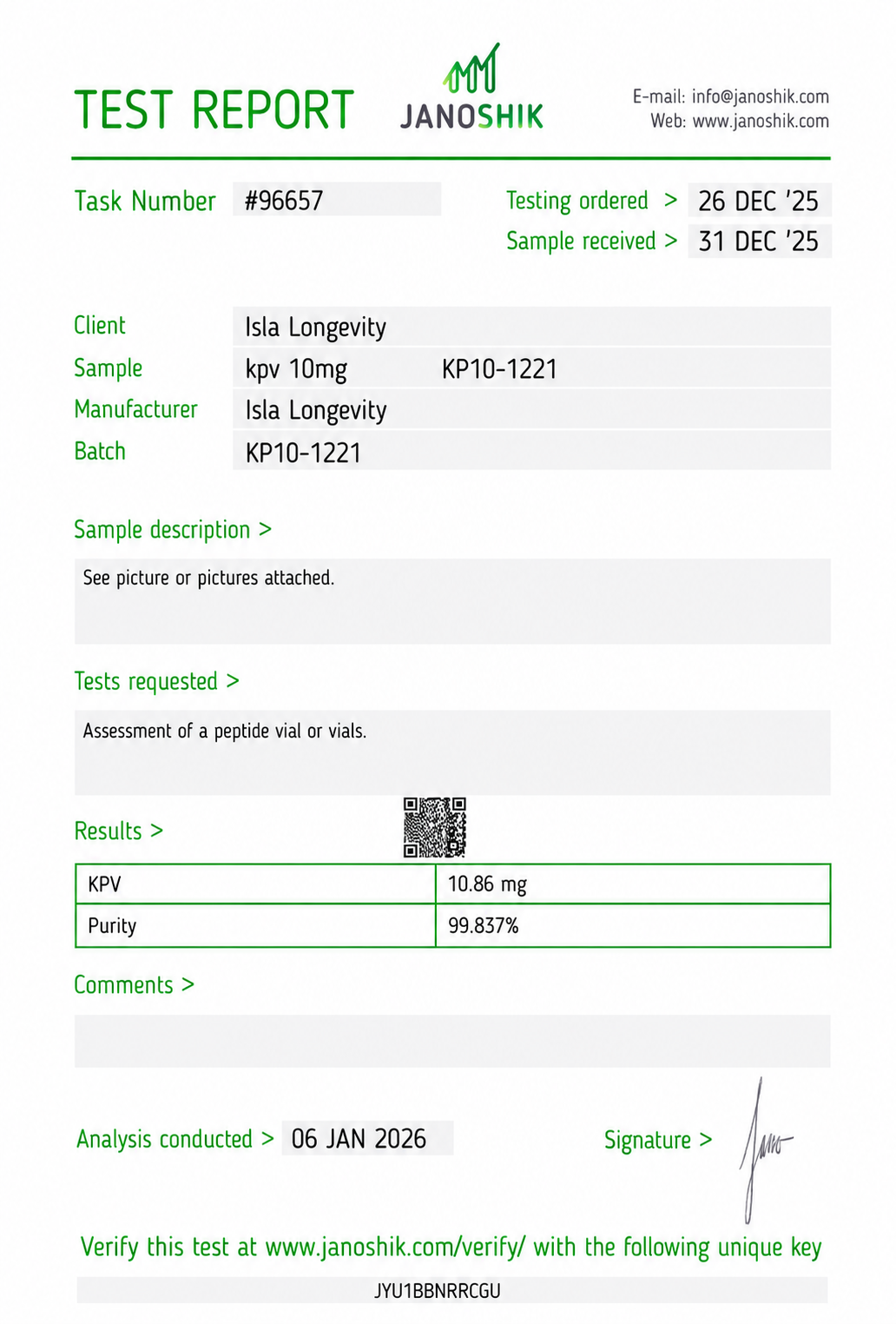 Isla Longevity batch COA 11 — Janoshik Analytical