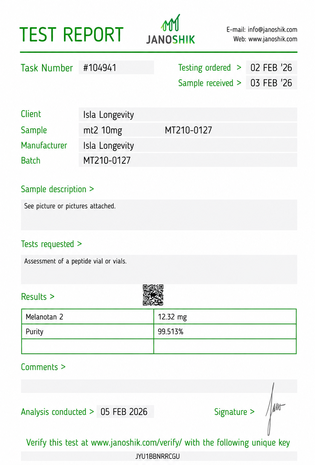 Isla Longevity batch COA 12 — Janoshik Analytical