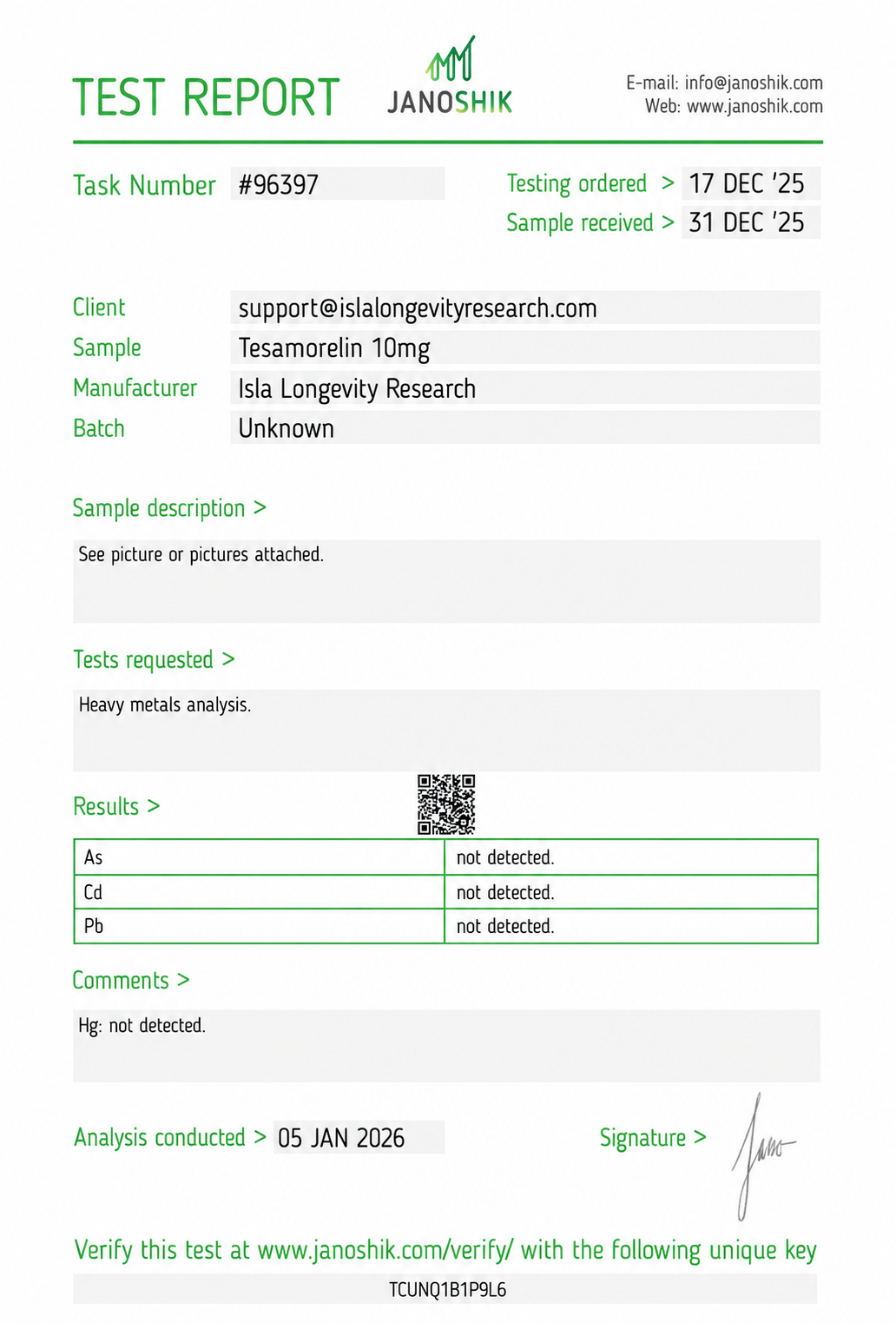 Isla Longevity batch COA 13 — Janoshik Analytical