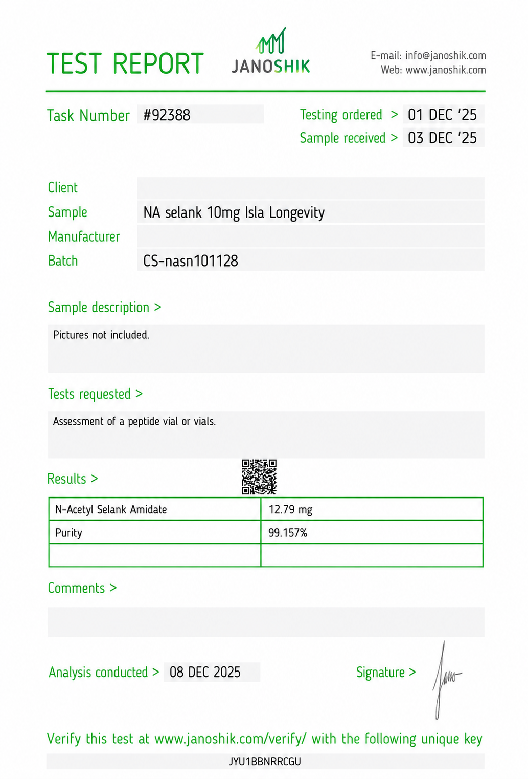 Isla Longevity batch COA 14 — Janoshik Analytical