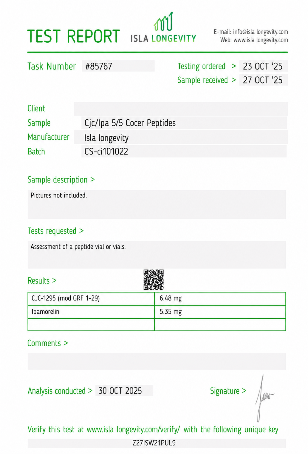 Isla Longevity batch COA 9 — Janoshik Analytical