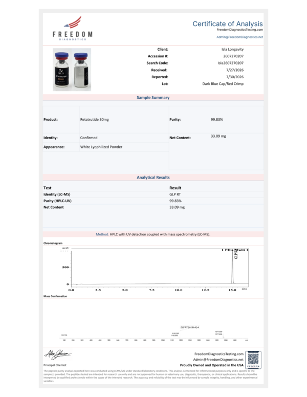 Isla Longevity batch COA — Retatrutide 30mg — Freedom Diagnostics
