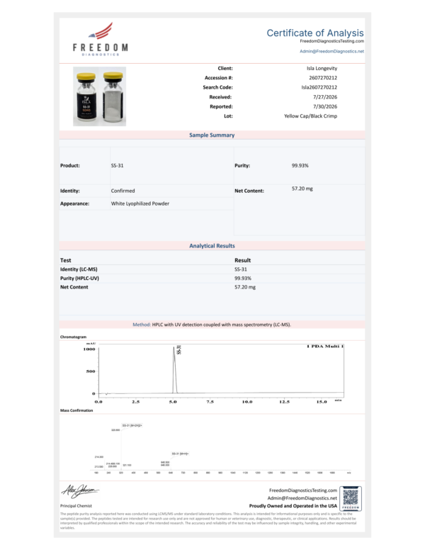 Isla Longevity batch COA — SS-31 — Freedom Diagnostics