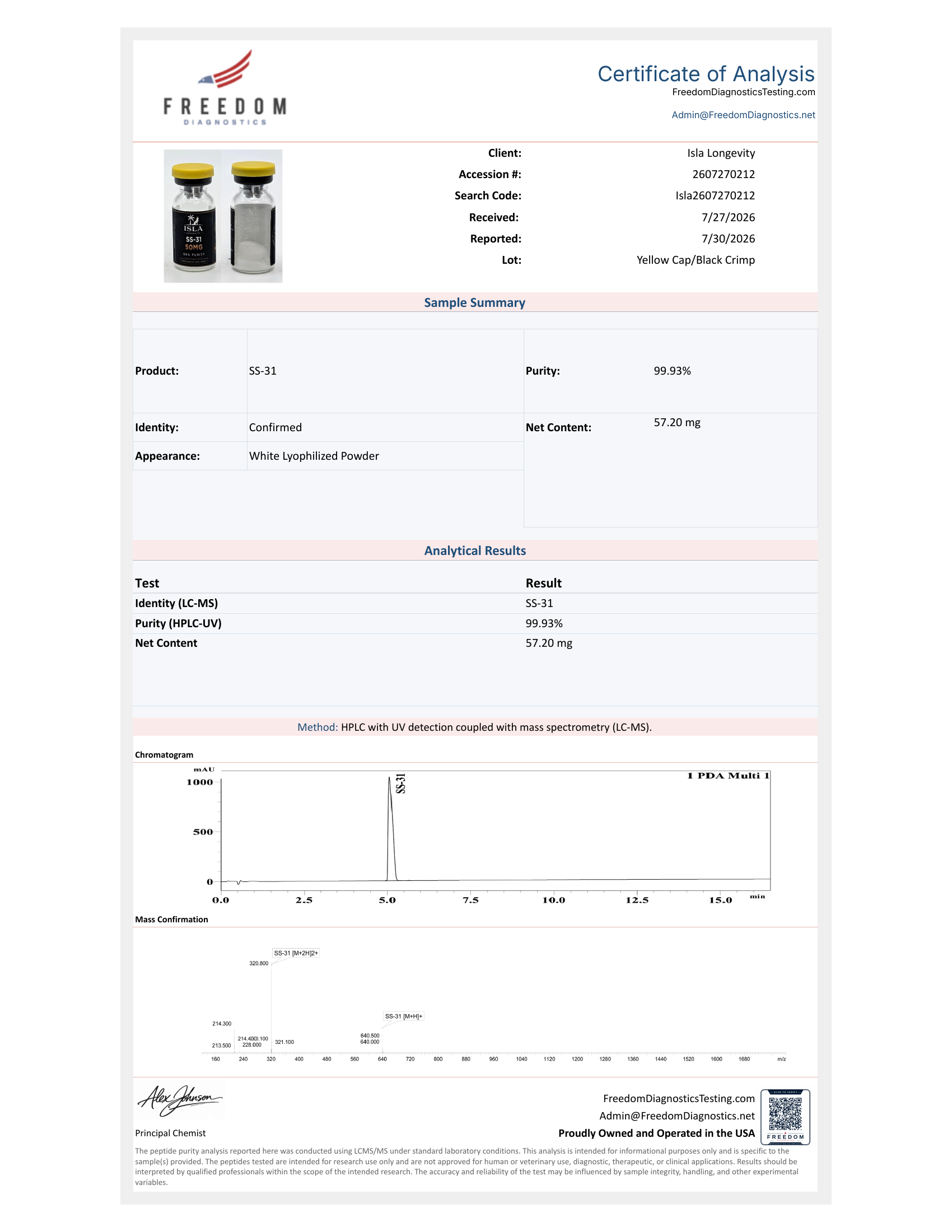 Isla Longevity batch COA — SS-31 — Freedom Diagnostics