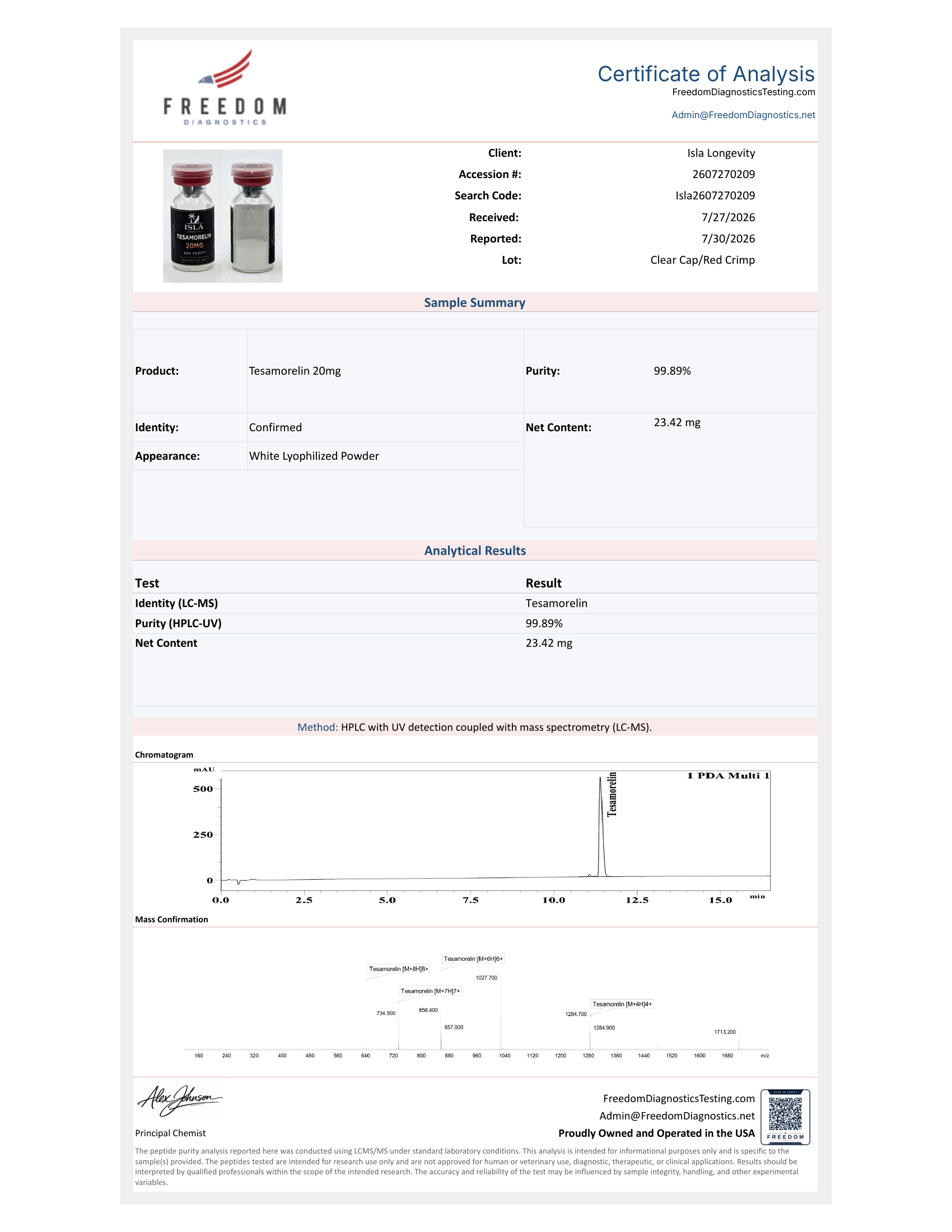 Isla Longevity batch COA — Tesamorelin 20mg — Freedom Diagnostics