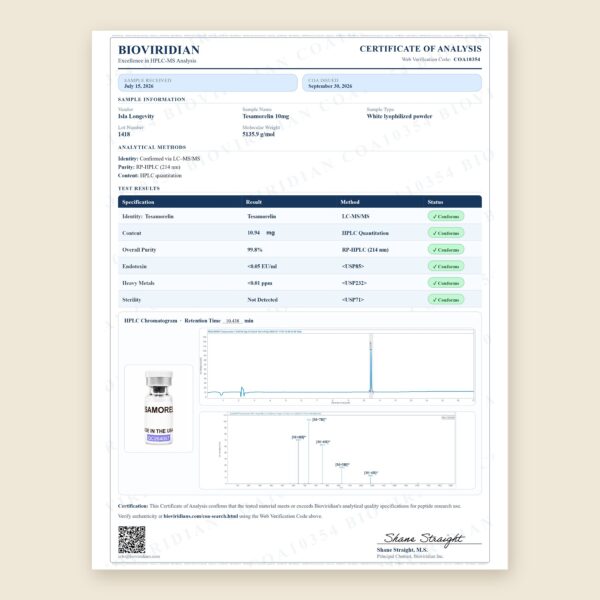 Certificate of Analysis for Tesamorelin 10mg, third-party lab report COA10354