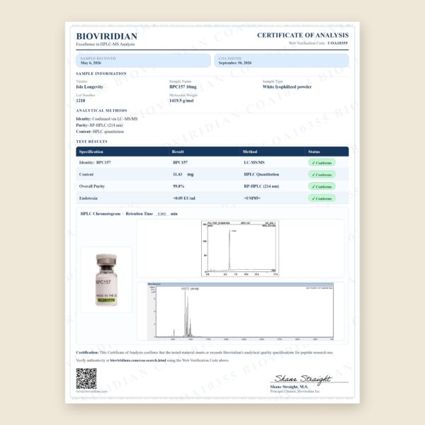 Certificate of Analysis for BPC-157 10mg, third-party lab report COA10355
