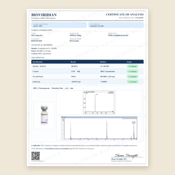 Certificate of Analysis for Semax 10mg, third-party lab report COA10358