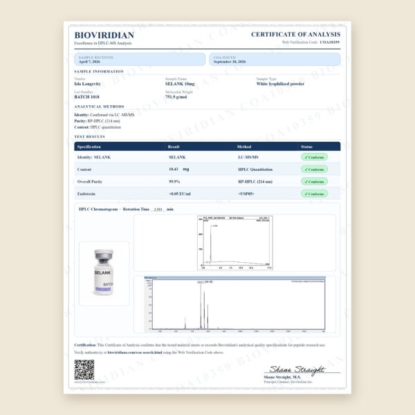 Certificate of Analysis for Selank 10mg, third-party lab report COA10359