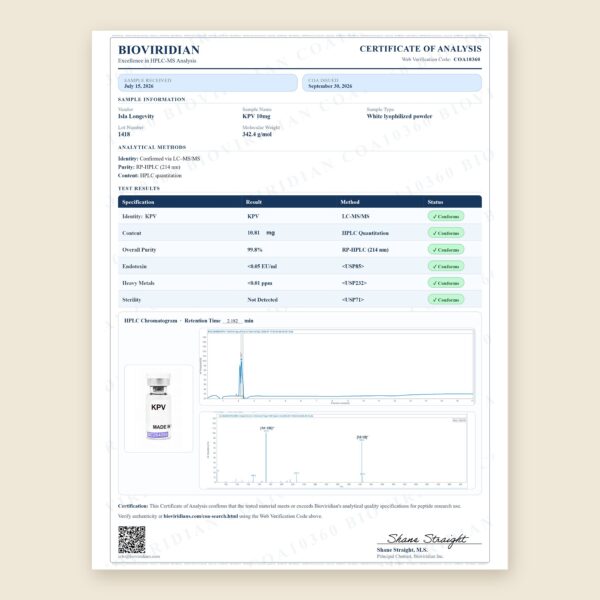 Certificate of Analysis for KPV 10mg, third-party lab report COA10360