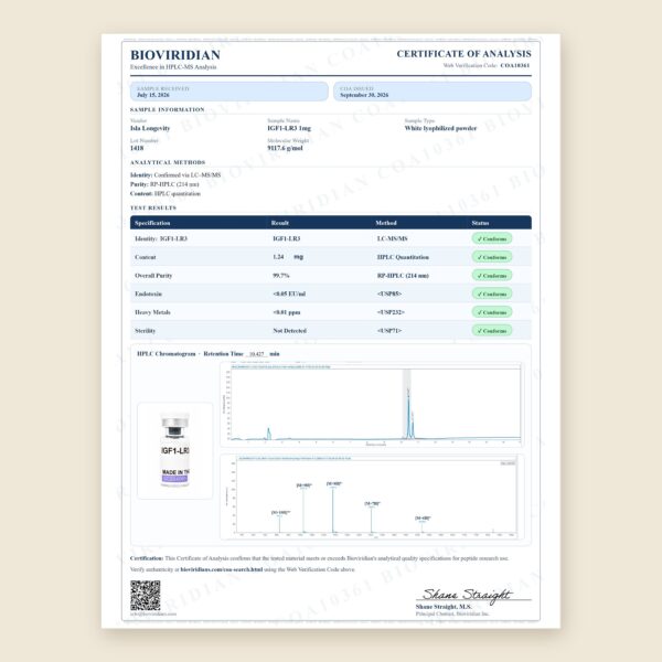 Certificate of Analysis for IGF1-LR3 1mg, third-party lab report COA10361