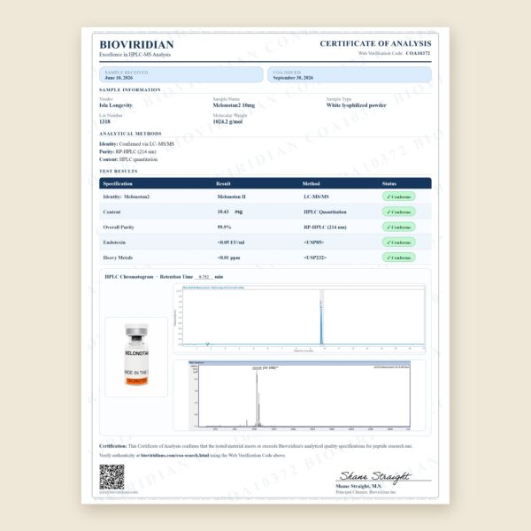 Certificate of Analysis for MT-2 10mg, third-party lab report COA10372