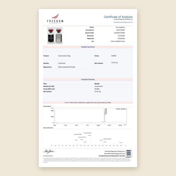 Certificate of Analysis for Tesamorelin 20mg, Freedom Diagnostics report 2607270209