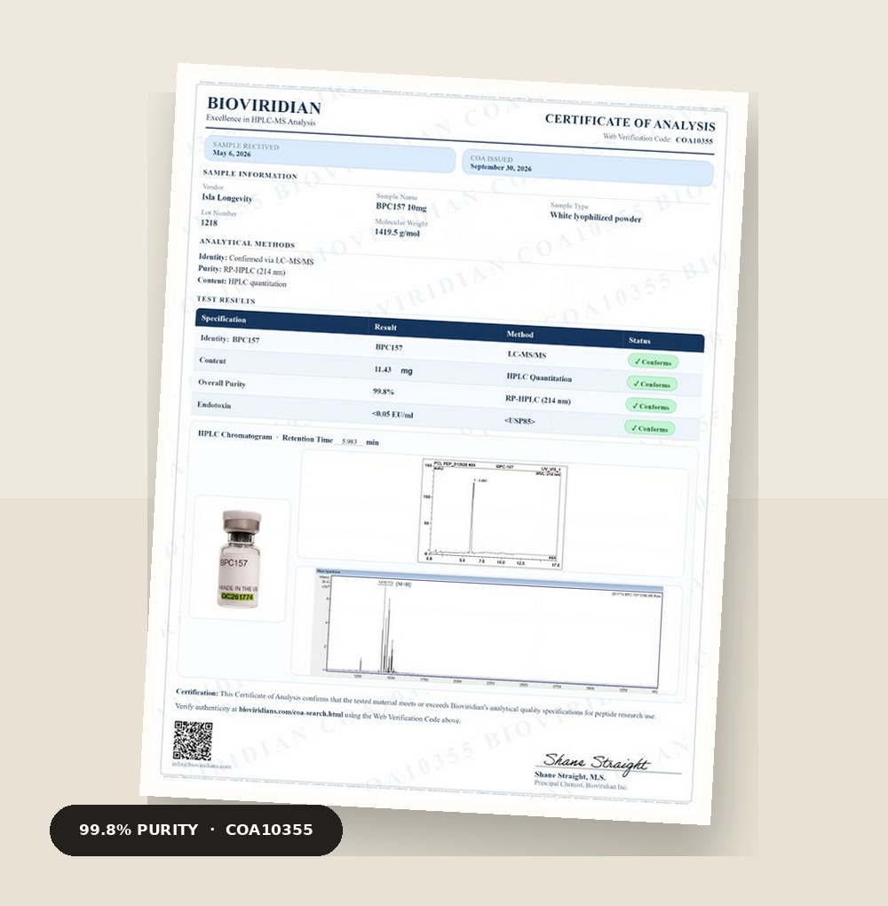Bioviridian certificate of analysis for an Isla Longevity BPC-157 batch, report COA10355