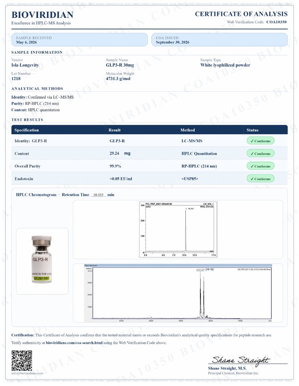 Certificate of Analysis, ISLA-RT 30mg, report COA10350