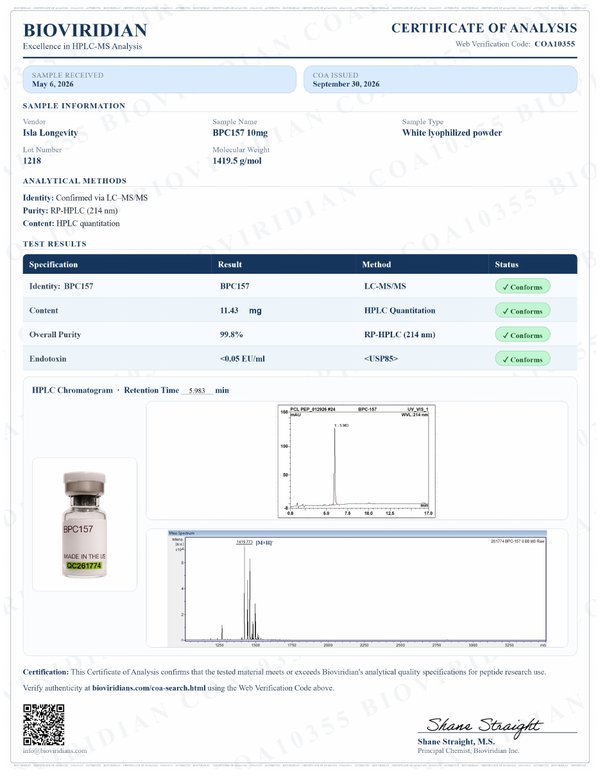 Certificate of Analysis, BPC-157 10mg, report COA10355
