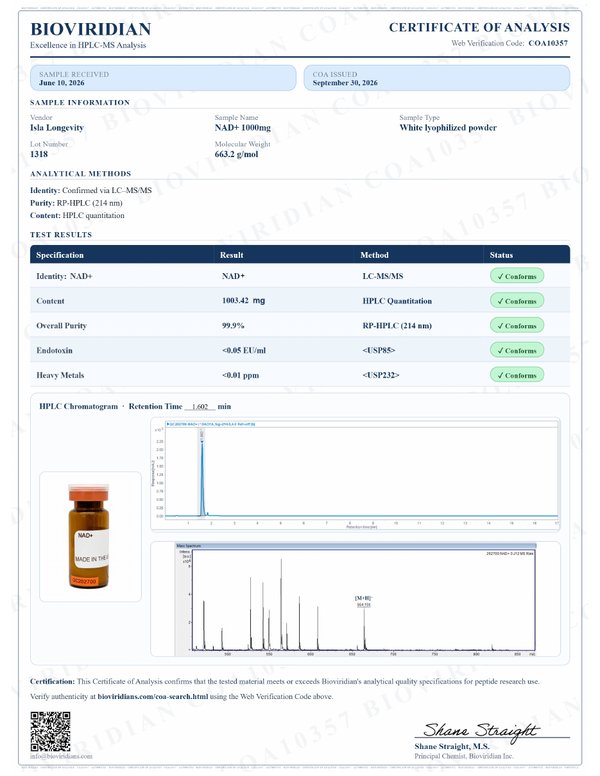 Certificate of Analysis, NAD+ 1000mg, report COA10357