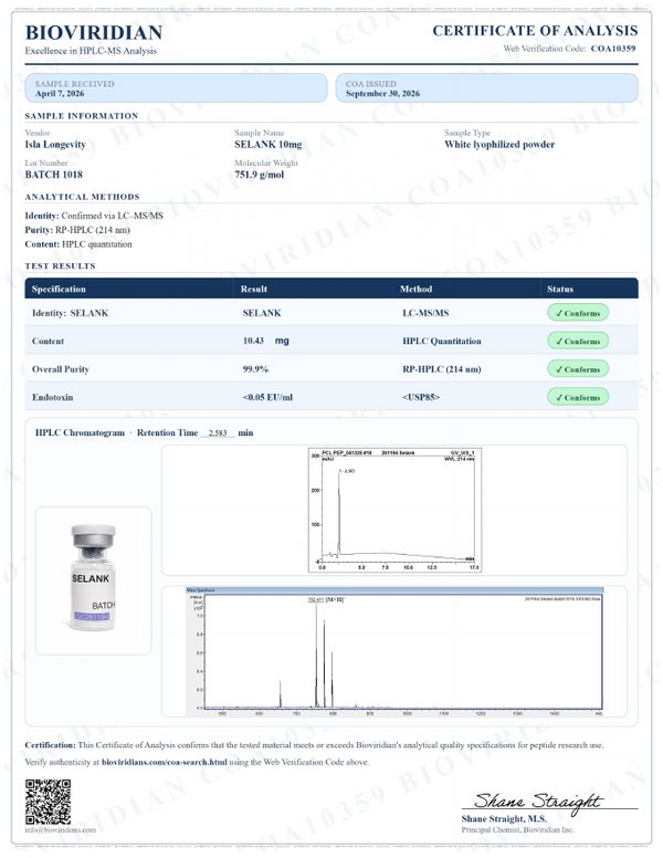Selank 10mg certificate of analysis, Bioviridian report COA10359