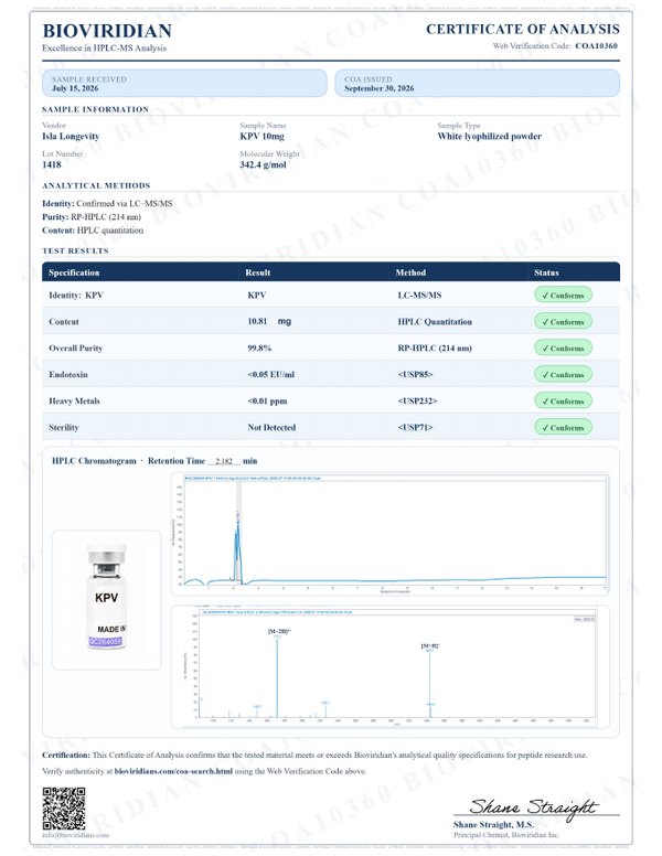 KPV 10mg certificate of analysis, Bioviridian report COA10360