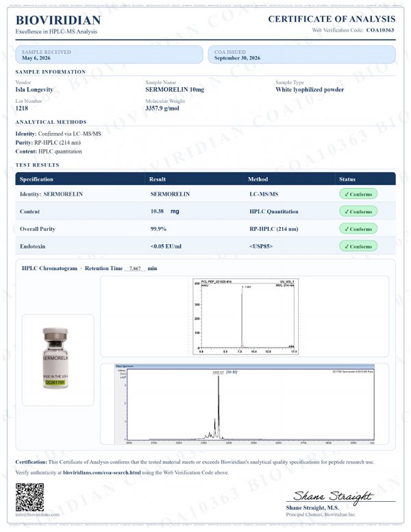 Sermorelin 10mg certificate of analysis, Bioviridian report COA10363