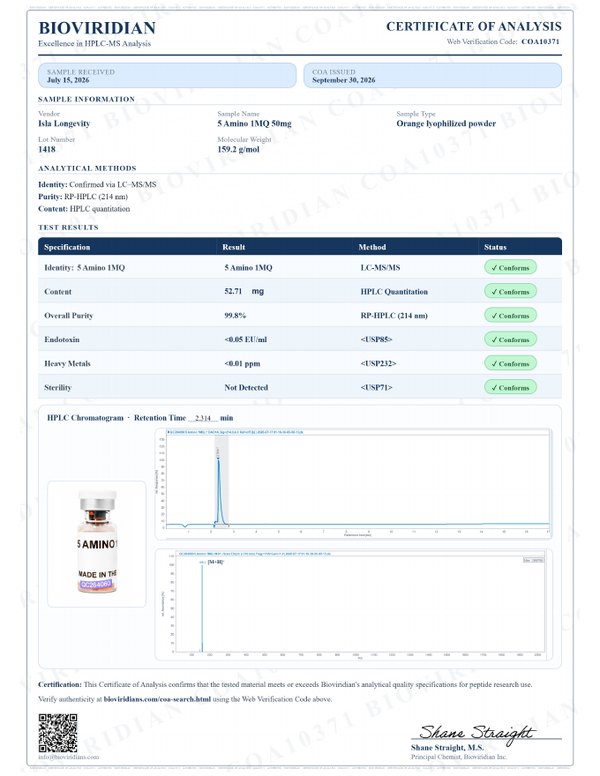 5-Amino 1MQ 50mg certificate of analysis, Bioviridian report COA10371