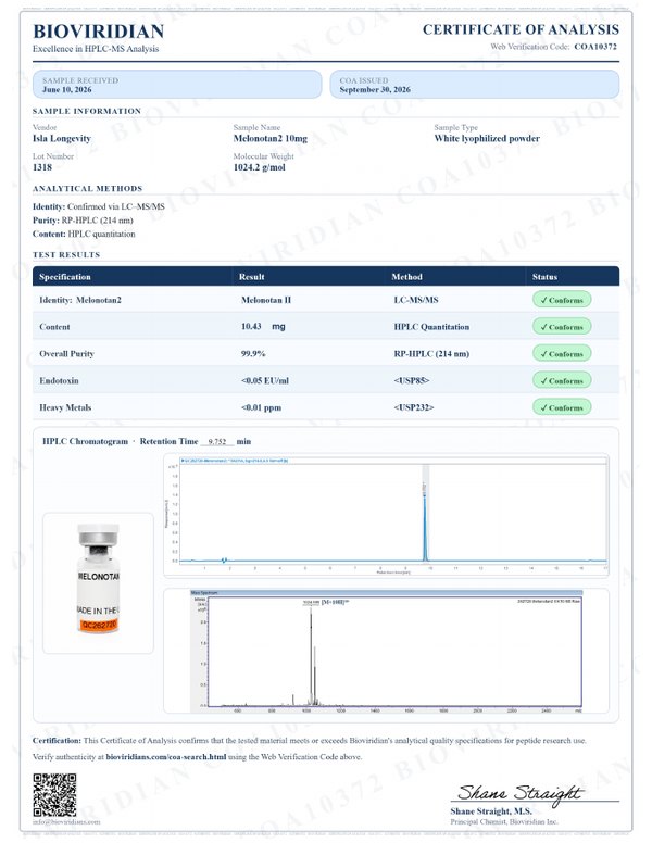 MT-2 10mg certificate of analysis, Bioviridian report COA10372