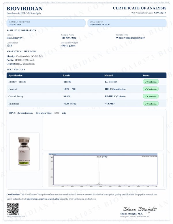 Certificate of Analysis, TB-500 10mg, report COA10373