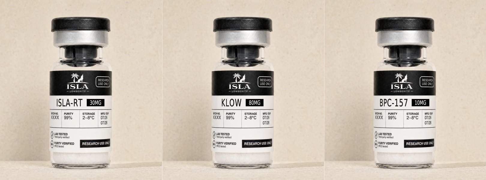 ISLA-RT, KLOW and BPC-157 research vials